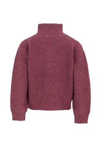 Ribbed, krótki sweter w kolorze mauve. Wysoki kołnierz i długie rękawy, z dopasowanym dołem i delikatną teksturą na całej powierzchni materiału.
