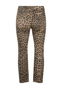 Traperice s leopard uzorkom koje imaju uski kroj, tkaninu s teksturom, dva stražnja džepa i kombinaciju crne i smeđe boje.