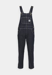 Dark denim overalls with adjustable straps, front pocket, and contrasting white stitching. Features brass hardware and tapered legs.