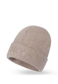 Gehaakte muts in een lichtbeige kleur met een omgeslagen rand en een geperste "HEY" detail aan de voorkant. Zachte textuur, ronde vorm.