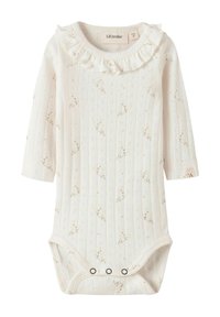 Body pour bébé à manches longues couleur crème avec imprimé floral subtil, col à volants et trois boutons-pression à l'entrejambe, taille 1-2 mois.