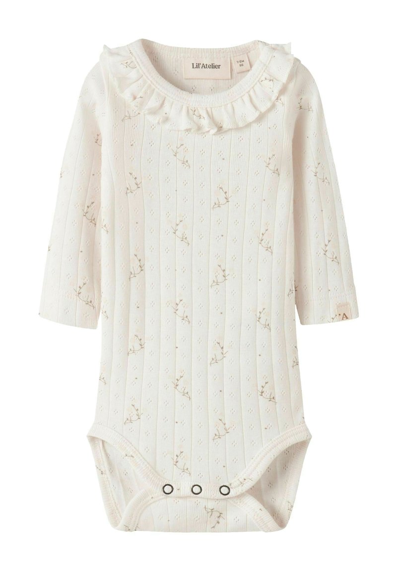 Body pour bébé à manches longues couleur crème avec imprimé floral subtil, col à volants et trois boutons-pression à l'entrejambe, taille 1-2 mois.