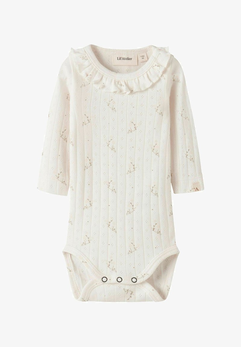 Body pour bébé à manches longues couleur crème avec imprimé floral subtil, col à volants et trois boutons-pression à l'entrejambe, taille 1-2 mois.