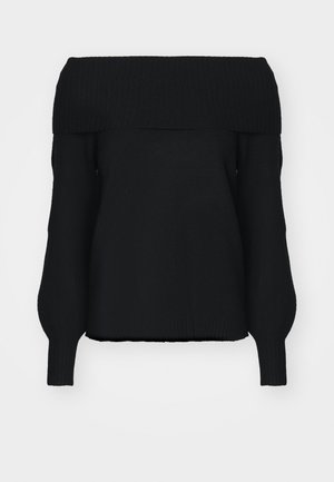 Schwarzer, schulterfreier Pullover aus weichem Strickmaterial, mit geripptem Saum, langen Ärmeln und lockerer Passform. Keine sichtbaren Muster.