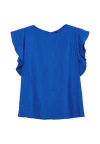 Top blu corto a maniche corte realizzato in tessuto strutturato, con una silhouette rilassata, scollatura rotonda e dettagli arricciati sulle maniche.