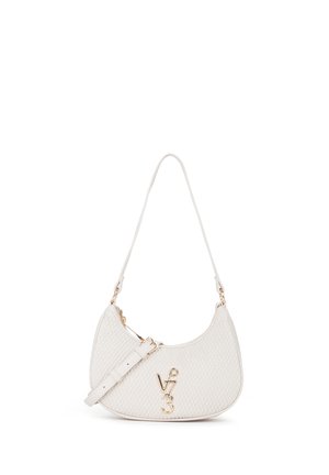 Borsa a mano bianca con texture, forma curva, tracolla regolabile e logo "V73" color oro sul davanti.