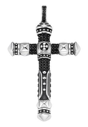 Silver and black decorative cross pendant with textured and studded details on a plain white background.