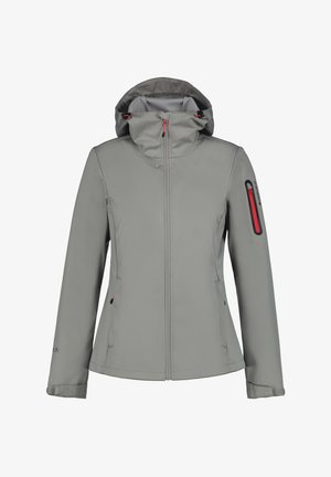 Grijze softshell jas met een capuchon, rits aan de voorkant en twee zijzakken. Bevat rode accenten op de rits en de mouwzak. Glad textuur.