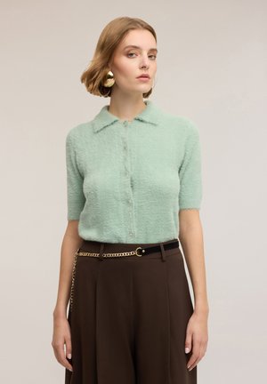 Minzgrüne, flauschige Bluse mit kurzen Ärmeln, Kragen und Knopfleiste, kombiniert mit hoch taillierter brauner Hose und einer Kettengürtel.