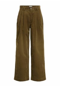 Wijdvallende broek in olijfgroen corduroy, met plooien aan de voorkant, een knoopsluiting en een gladde textuur.