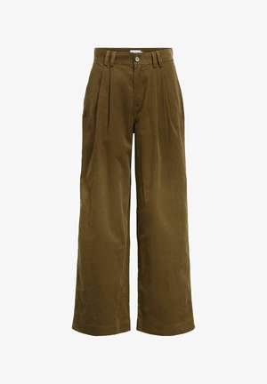 Pantalons à jambes larges en velours côtelé vert olive, avec des plis à l'avant, une fermeture à bouton et une texture lisse.