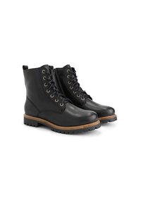 Zwarte leren enkellaarsjes met een veterfront, metalen oogjes, een bruine rubberen zool en een zijhandgreep voor eenvoudig aantrekken.