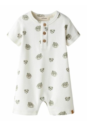 Kurzärmliger Baby-Overall aus cremefarbener Baumwolle. Mit grünen Blumenmustern, drei Holzknöpfen am Hals und Beinöffnungen. Etikett an der Seite.