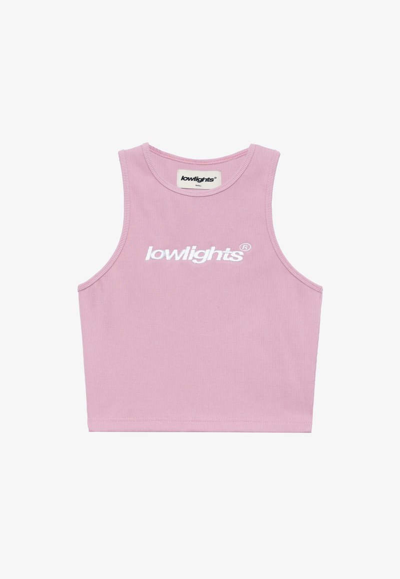Ροδοκόκκινο αμάνικο crop top από ριμπ ύφασμα, με λευκή κεντημένη επωνυμία κεντραρισμένη στο στήθος, στρογγυλή λαιμόκοψη και ακατέργαστες άκρες.