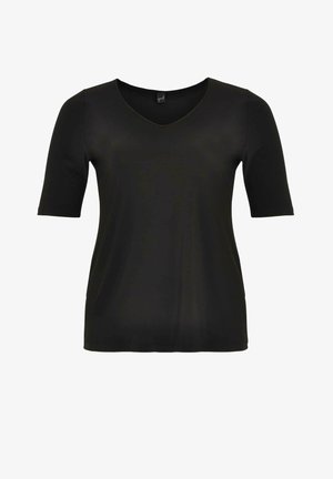 Sort kortærmet top med V-hals, lavet af glat stof. Har en afslappet pasform og er designet til komfort og nem at have på.