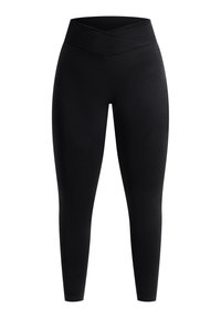 Zwarte leggings met een hoge, gekruiste tailleband. Gemaakt van een gladde, rekbare stof, ontworpen voor een comfortabele pasvorm en bewegingsvrijheid.