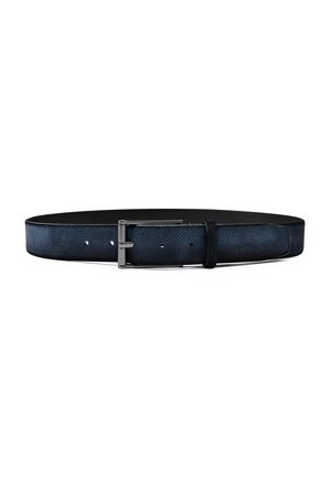 Leather belt in navy blue with a smooth texture, a silver metal buckle, and evenly spaced holes for adjustment along its length.