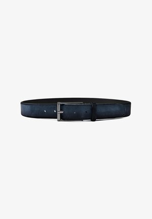 Leather belt in navy blue with a smooth texture, a silver metal buckle, and evenly spaced holes for adjustment along its length.