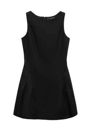Schwarzes ärmelloses Kleid mit rundem Halsausschnitt, ausgestelltem Rock und seitlichen Falten. Hergestellt aus glattem Stoff mit einem verdeckten Reißverschluss hinten.
