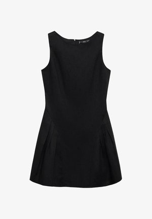 Crna bezrukavna haljina s okruglim izrezom, lepršavom suknjom i bočnim nabranim detaljima. Izrađena od glatkog materijala s skrivenim zatvaračem na leđima.