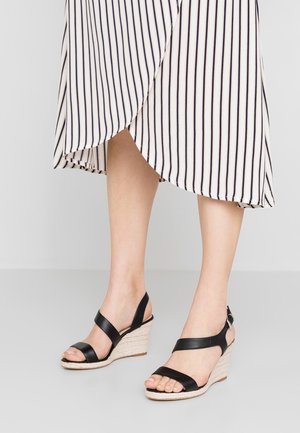 Benen met zwarte sandalen met bandjes en sleehakken met gevlochten hakken, en een witte rok met zwarte verticale strepen.