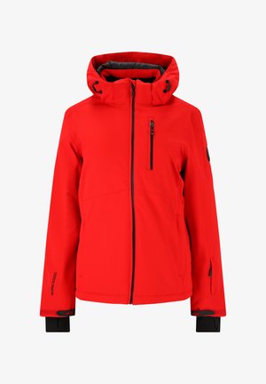 Rote winterliche Jacke mit Kapuze, Frontreißverschluss, gepunkteter Brusttasche, verstellbaren Handgelenkriemen und schwarzen Innenbündchen.