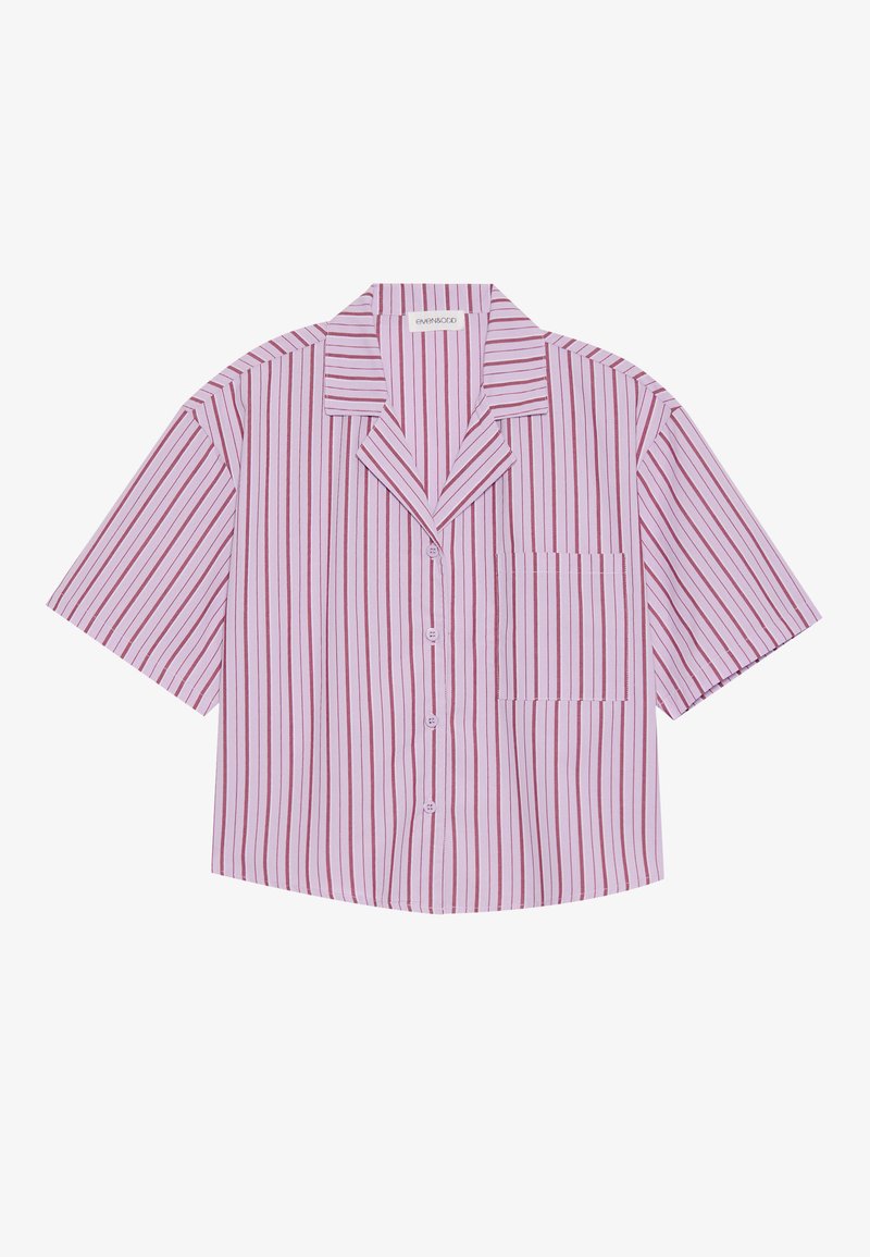 Camicetta a maniche corte con strisce verticali rosa e bianche, colletto a punte, taschino frontale e chiusura con bottoni. Realizzata in tessuto leggero.