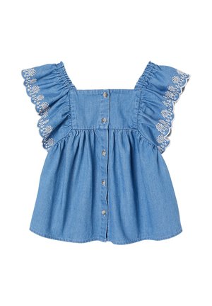 Blue denim sleeveless blouse with button front and ruffled, embroidered floral lace sleeves.