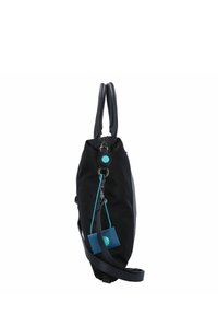 Sac en tissu noir avec des poignées texturées, fermeture zippée et un détail d'accent turquoise. Comprend un mini sac détachable de couleur assortie.
