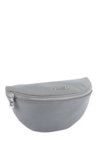 Borsa cosmetica in nylon grigio con design arrotondato, chiusura con zip argentata e logo in rilievo sul fronte. Texture liscia, dimensioni compatte.