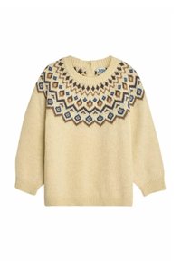 Beige pletený sveter s okrúhlym výstrihom, s geometrickými vzormi v modrej a hnedej farbe na jarmuli a dlhých rukávoch. Mäkka textura.