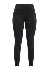 Leggings neri realizzati in tessuto elasticizzato. Vita alta e design aderente, con texture liscia e senza motivi o dettagli visibili.