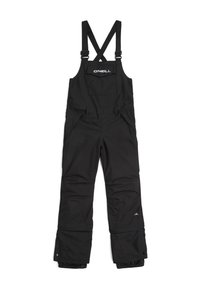 Schwarze wasserdichte Schneehosen mit verstellbaren Trägern, zwei Fronttaschen, elastischen Bündchen und verstärkten Knien für Langlebigkeit. Markenlogo vorhanden.