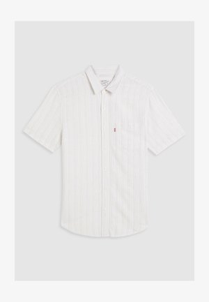 Chemise à manches courtes, à boutons, de couleur blanche avec de fines rayures verticales multicolores. Dotée d'une poche poitrine et d'un col classique. Tissu mélange coton.