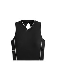 Mustat hihattomat ylösrinnat, joissa on V-pääntiö ja avainreikäyksityiskohta. Ominaisuuksia valkoisilla tehosteilla pääntiössä ja sivuilla, valmistettu pehmeästä ja venyvästä materiaalista.