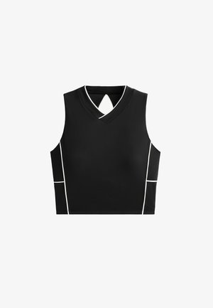 Mustat hihattomat ylösrinnat, joissa on V-pääntiö ja avainreikäyksityiskohta. Ominaisuuksia valkoisilla tehosteilla pääntiössä ja sivuilla, valmistettu pehmeästä ja venyvästä materiaalista.