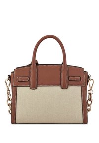 Brązowa skórzana torebka z beżowym perforowanym wzorem, z podwójnymi uchwytami i odczepianym złotym łańcuszkiem.