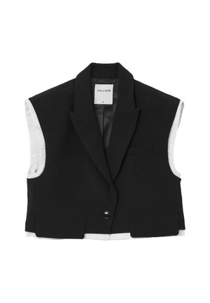 Gilet sans manches noir avec une finition satinée, doté d'un col à revers, d'une fermeture à boutons à l'avant et d'une doublure intérieure blanche. Deux poches avant.