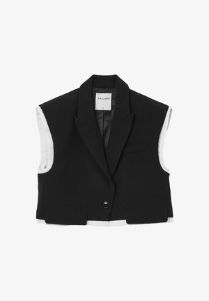 Gilet senza maniche nero con finitura in satin, caratterizzato da un colletto a scollo, chiusura frontale con bottoni e fodera interna bianca. Due tasche frontali.