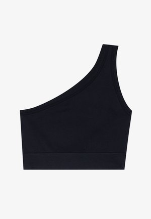 Musta olkahihnaton rintaliivi, joka on valmistettu joustavasta kankaasta ja jossa on leveä vyö alareunassa. Sujuva pinta ja vähäiset ommeltyön yksityiskohdat.