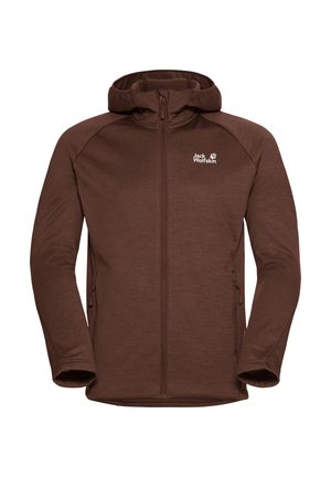 Bruine fleece jas met een ritssluiting aan de voorkant, een capuchon en twee zijzakken. Beschikt over raglanmouwen en een logo op de linkerborst.