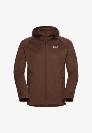 Braune Fleecejacke mit Reißverschluss vorne, Kapuze und zwei seitlichen Taschen. Mit Raglansleeves und Logo auf der linken Brust.