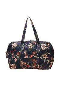 Torba podróżna pikowana w kolorze granatowym z kolorowym kwiatowym wzorem. Posiada materiałowe uchwyty oraz zewnętrzną kieszeń z czerwonym akcentem. Lekka i przestronna.