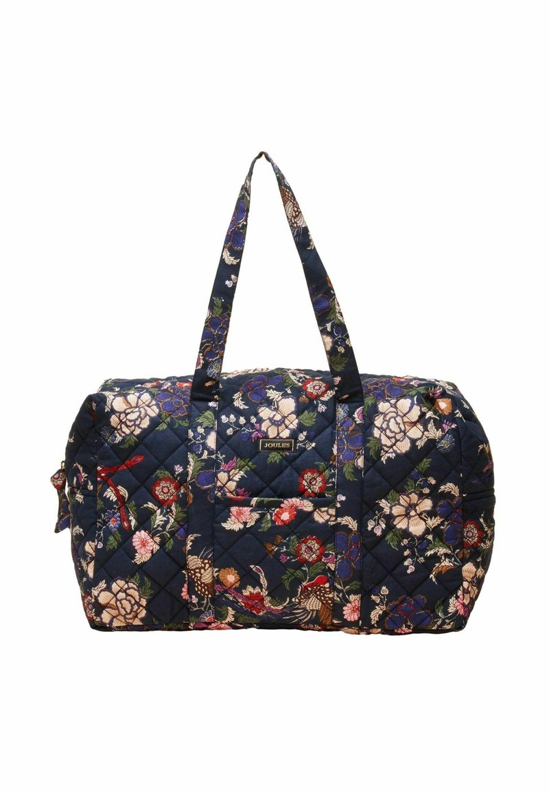 Torba podróżna pikowana w kolorze granatowym z kolorowym kwiatowym wzorem. Posiada materiałowe uchwyty oraz zewnętrzną kieszeń z czerwonym akcentem. Lekka i przestronna.