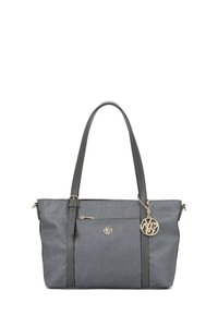 Borsa tote grigia realizzata in materiale sintetico testurizzato; presenta due manici, una tasca frontale con zip e un charm con il logo sul lato.