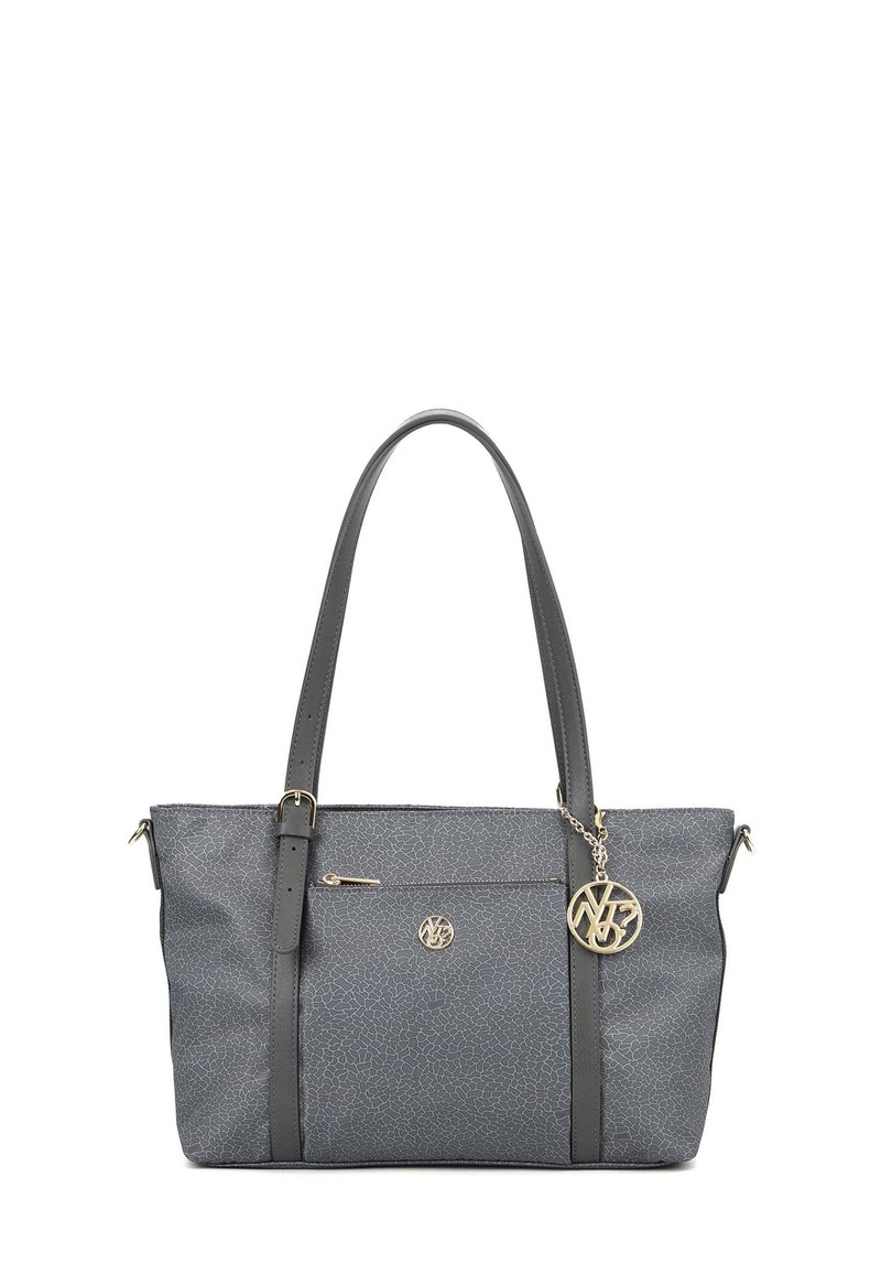 Borsa tote grigia realizzata in materiale sintetico testurizzato; presenta due manici, una tasca frontale con zip e un charm con il logo sul lato.