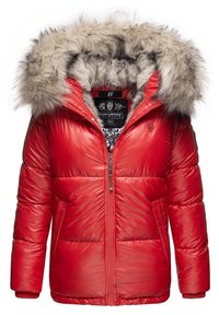 Rode pufferjas met een voorrits, zijzakken en een grote capuchon afgewerkt met dikke grijze en bruine nepbont.