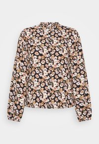 Blusa floral com fundo preto, apresentando flores rosa e brancas, mangas bufantes longas, decote franzido e fecho de botão.