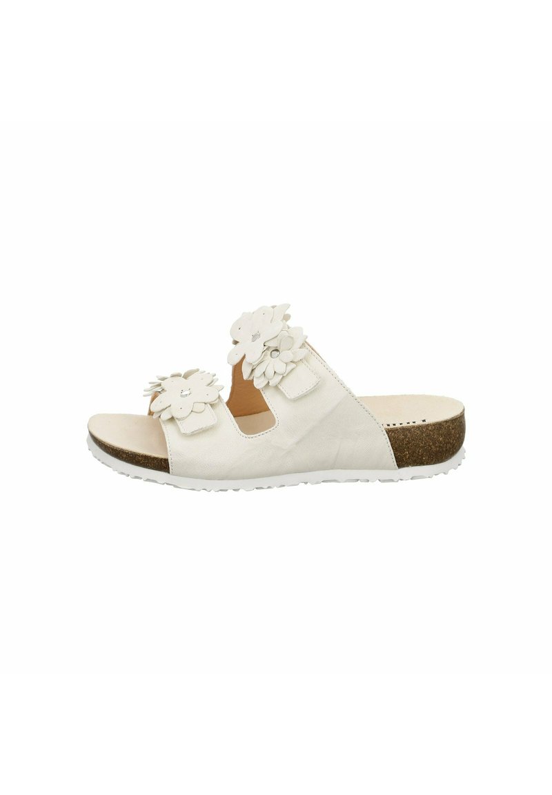 White leather slide sandal featuring floral accents, an open toe design, and a cork-injected sole. Textured upper with soft finish.