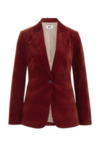 Velvet vinski blazer z režastim ovratnikom, zapiranjem na en gumb in dvema sprednjima žepoma. Podložen z bež tkanino. Gladka tekstura.